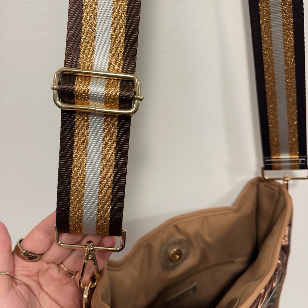 Ahdorned liquid bronze puffe Metallic Brown Crossbody Bag Striped Shoulder Strap - Picture 6 of 9
